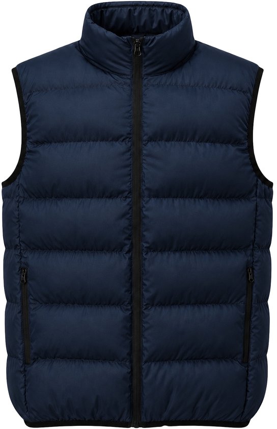 Donkerblauwe gewatteerde bodywarmer met opstaande kraag, ritssluiting en ritszakken voor.