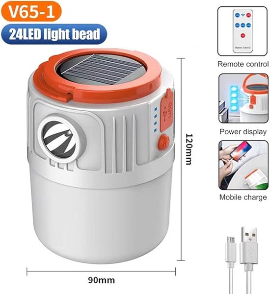 Solar Camping Light, USB Oplaadbare Outdoor Camping Licht met Afstandsbediening, 300LM LED USB Oplaadbare Tent Lamp, Solar LED Waterbestendig Tent Licht voor Camping, Wandelen, Vissen，Geschikt voor gebruik buitenshuis in noodsituaties. — afbeelding 2