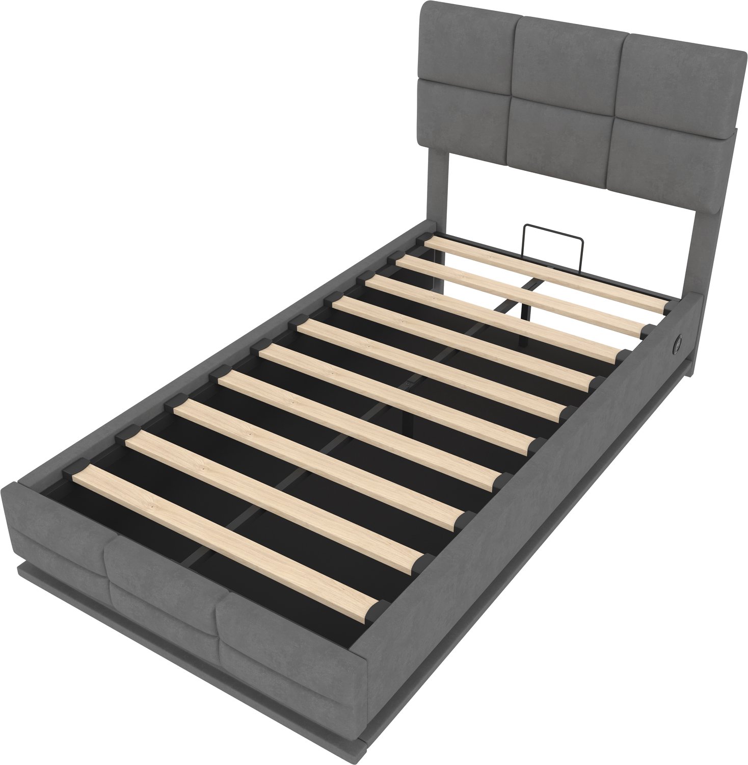 MUVANO Eenpersoonsbed met opbergruimte - Fluwelen bekleding - Verstelbaar hoofdbord - Dimbare LED - 90 x 200 cm - Hydraulisch liftsysteem - Slaapkamer donkergrijs