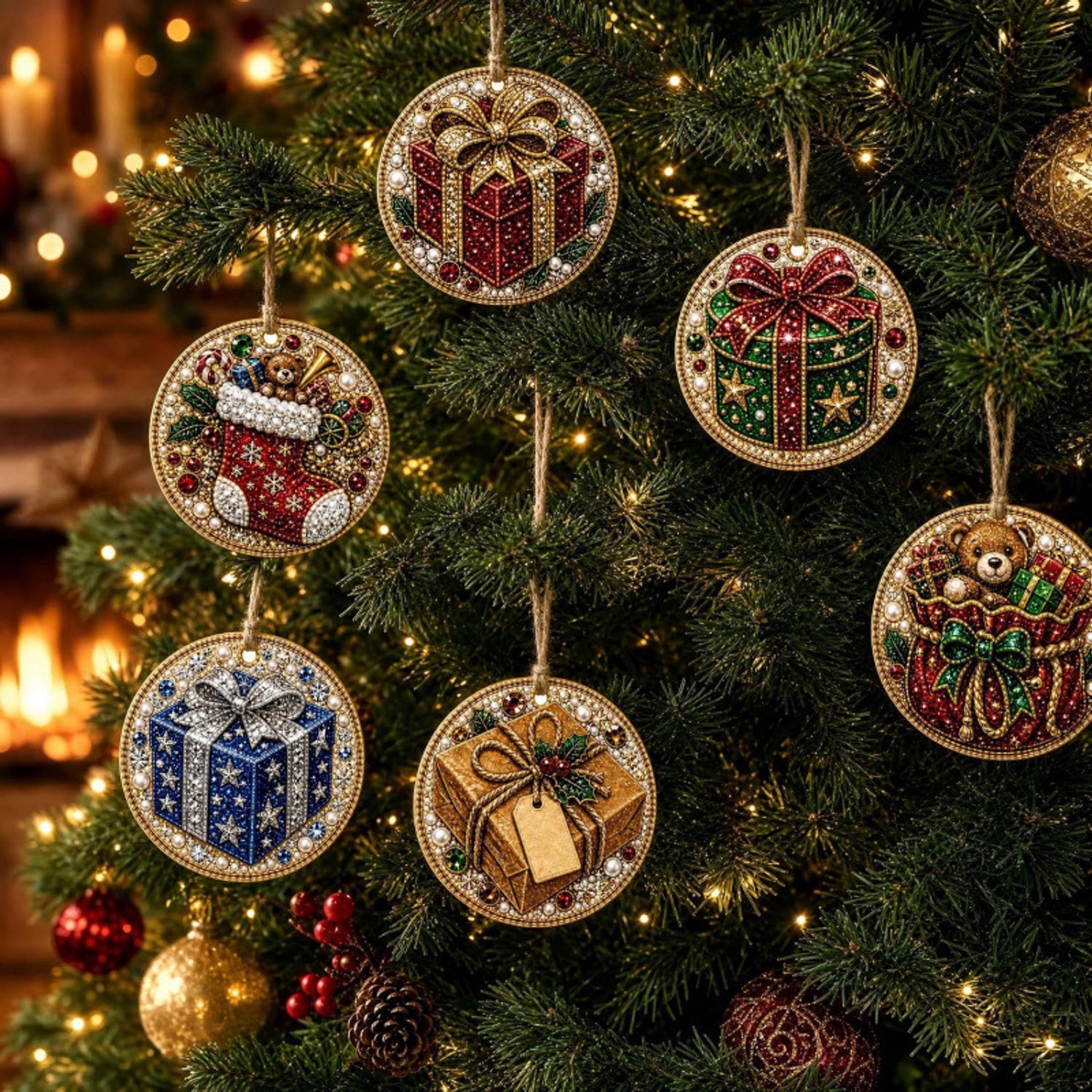 6-delige doe-het-zelfset met houten kerstornamenten - Ronde Houten Hangers - houten diamant schilderij kerst - Diamond Painting Kerstornamenten - Kerst Diamond Painting Set - Kerstboomversiering - Kerstcadeau – foto 4