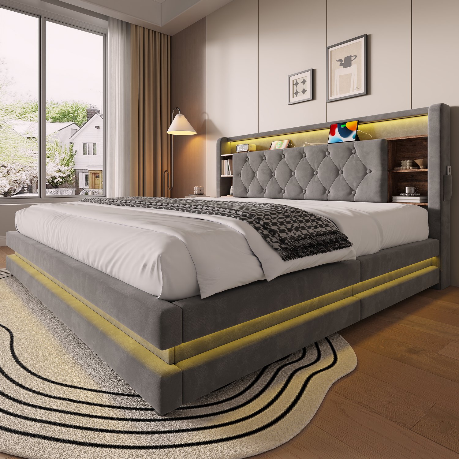 MUVANO Bed met opbergruimte 180 x 200 cm - multifunctioneel hoofdbord - hydraulische bedbodem - 218,5 x 187 x 106,5 cm - slaapkamer donkergrijs