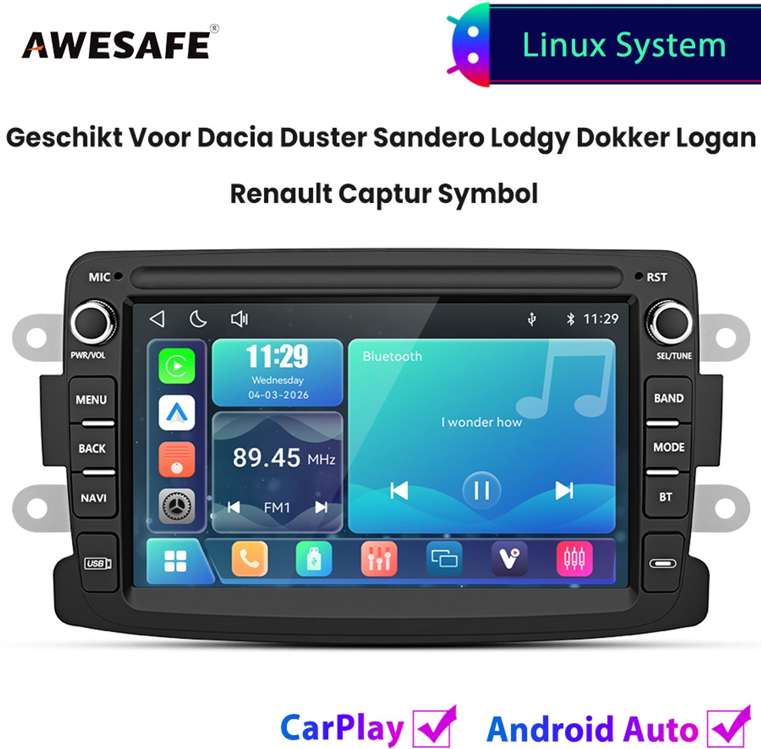 Awesafe Autoradio - Geschikt Voor Dacia Duster Sandero Lodgy Dokker Logan Renault Captur Symbol - Draadloos Carplay Android Auto - Linux systeem - 7 Inch Touchscreen - FM Radio Bluetooth EQ SWC Wifi Airplay - 2013 2014 2015 2016
