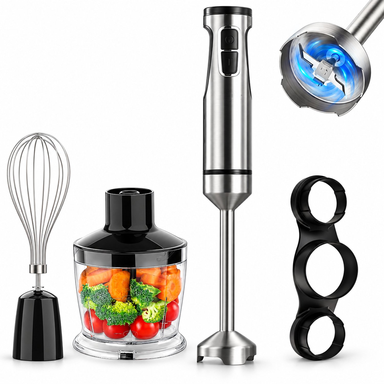 Swiss Haus® HBS22 3-in-1 Staafmixer - 1500W – RVS Hadnblender + Hakmolen 600ml + Klopper – 12 Snelheden + Turbo – Titanium 4 Bladenmes – Zermatt Glacier Collection