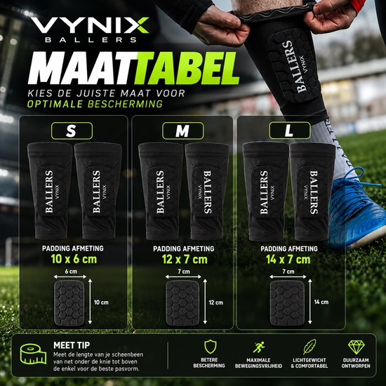 Maattabel voor Vynix Ballers scheenbeschermers in maten S, M en L met afmetingen van de padding.