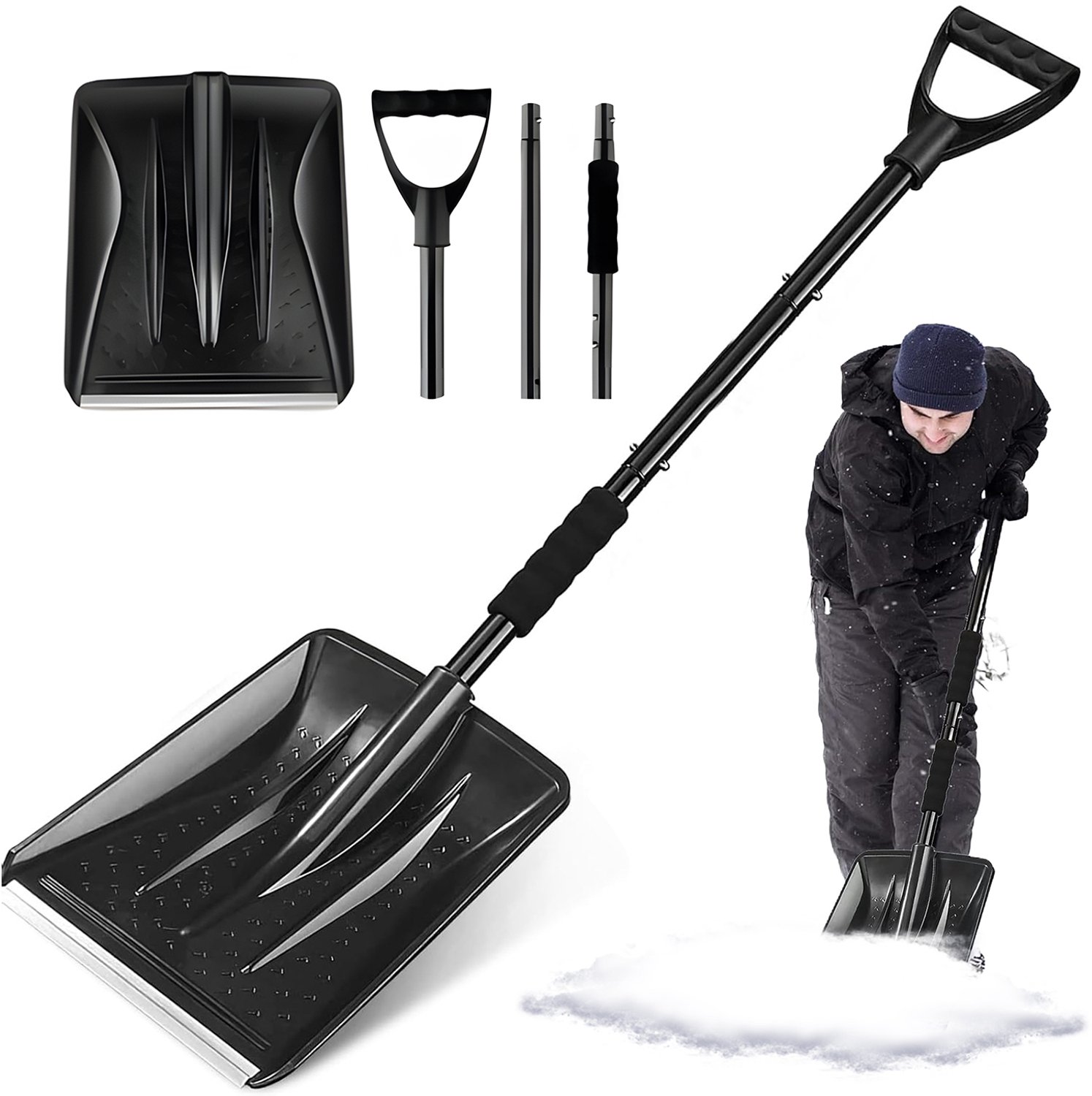 Sneeuwschep RVS - Sneeuwschuiver - Sneeuwruimer - 108x26cm - Grote Capaciteit - Ergonomische Handgreep - Vierdelig Afneembaar - Draagbaar - Voor Auto & Oprit & Tuin - Zwart