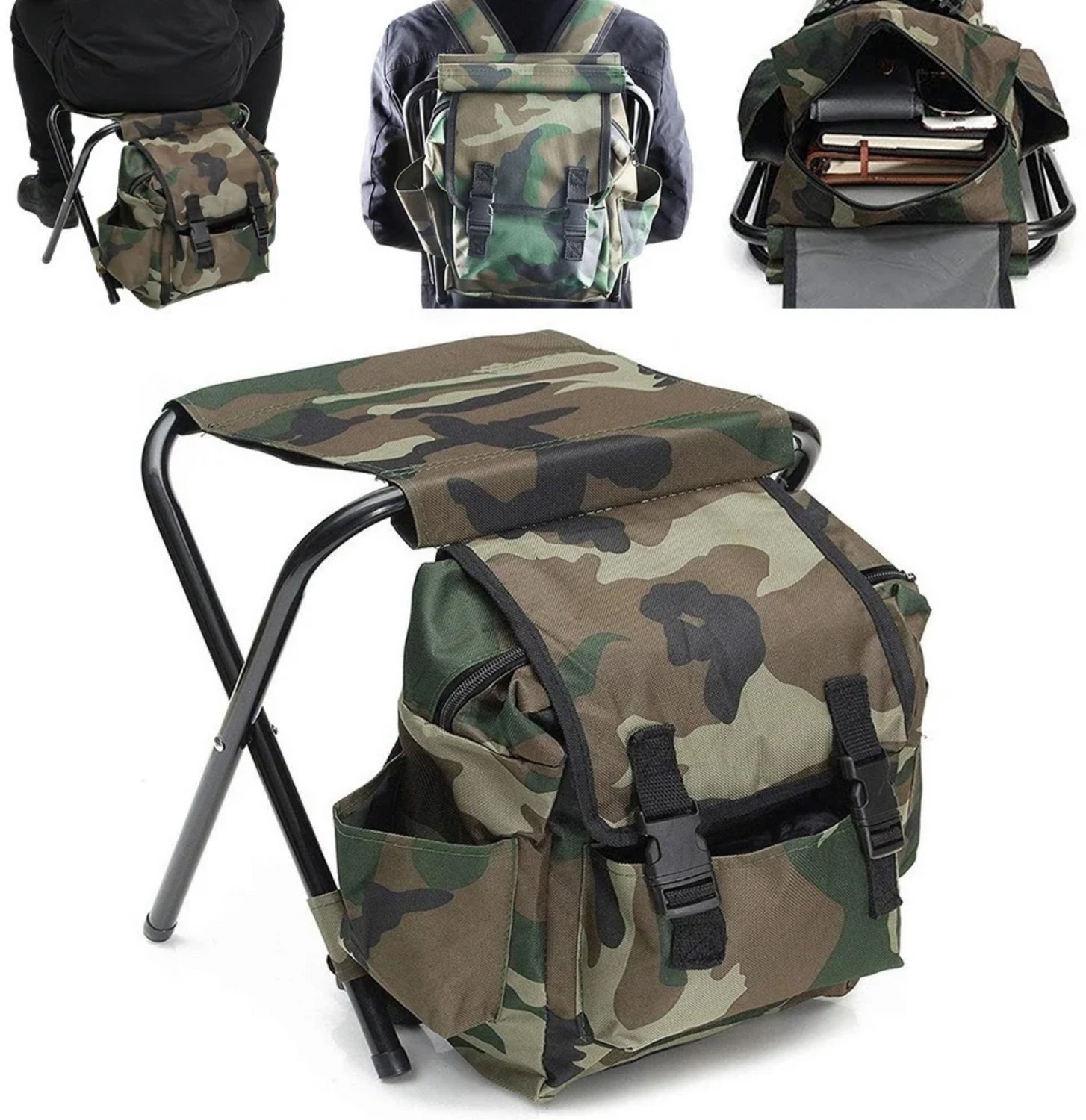 Noventra Rugzak - met Vouwkruk – Opvouwbare stoel met Geïntegreerde Opbergtas en Schouderbanden – Viskruk voor Vissen, Camping, Festivals, Wandelen en Outdoor – Camouflage