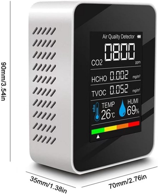 CO2 Meter 5-in-1 – Luchtkwaliteitsmonitor met CO2, HCHO, TVOC, Temperatuur en Luchtvochtigheid, Alarm voor Thuis, Kantoor en Auto