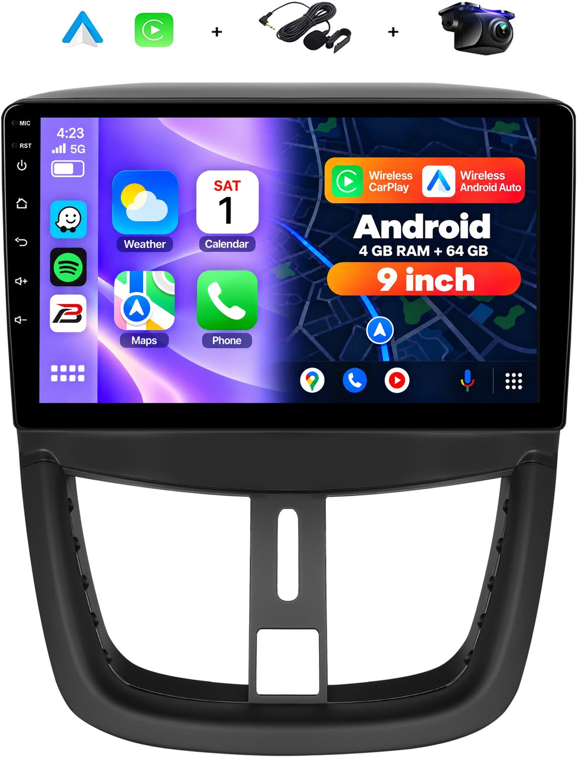 Boscer Android 15 Autoradio - Geschikt voor Peugeot 207 2006-2015 - 4+64GB - 9 inch HD IPS Touchscreen - Draadloze Apple CarPlay & Android Auto - GPS Navigatie - Bluetooth, USB & MP5 - Microfoon & AHD Achteruitrijcamera