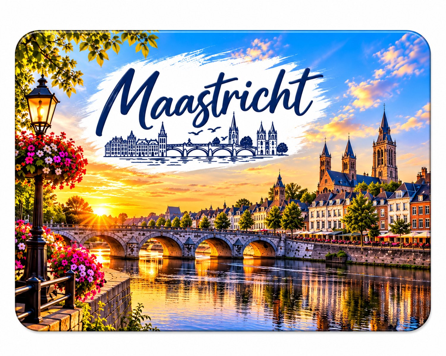 Koelkastmagneet MDF Maastricht – Stadsgezicht met rivier en brug – Souvenir – 9 x 7 cm