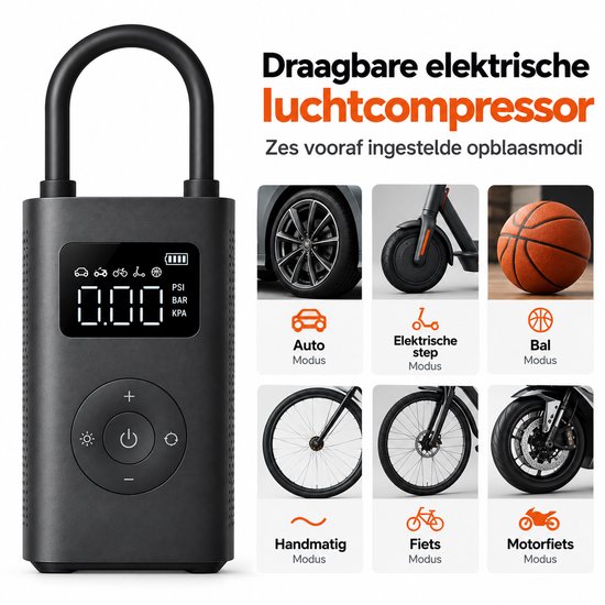 DPLUNIQ Pomp - Luchtcompressor - Bandenpomp - Fietspomp - Elektrisch - Multifunctioneel - 150 psi - Draagbaar - Compact - Zwart — afbeelding 2