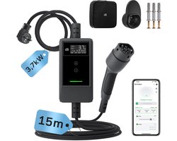 dé Mobiele Thuislader Type 2 met App voor Stopcontact - 3.7kW - 15m TPU Kabel - IP66 - Laadkabel Type 2 naar Schuko - Traploze Laadstroom via App (6A - 16A) - Laadtijd Inplannen
