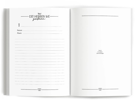 Pagina voor bucketlist-herinneringen met tekst 'Yes! DIT HEBBEN WE gedaan' en ruimte voor datum, plaats en foto's.