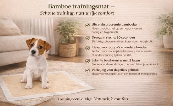 Puppy op een beige bamboe trainingsmat met tekst over absorptie, snelle droogtijd en lekvrije bescherming.