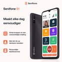 Senifone S1 smartphone met vereenvoudigd startscherm met grote, gekleurde iconen en SOS-knop.