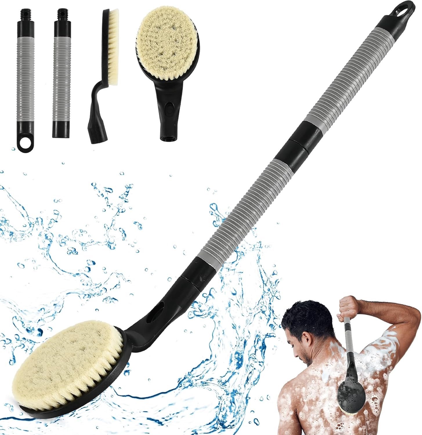 Antislip Doucheborstel - Zwart - 55 cm - Afneembare Badborstel met Exfoliërende Nylon Haren - Voor Ouderen met Beperkte Beweging