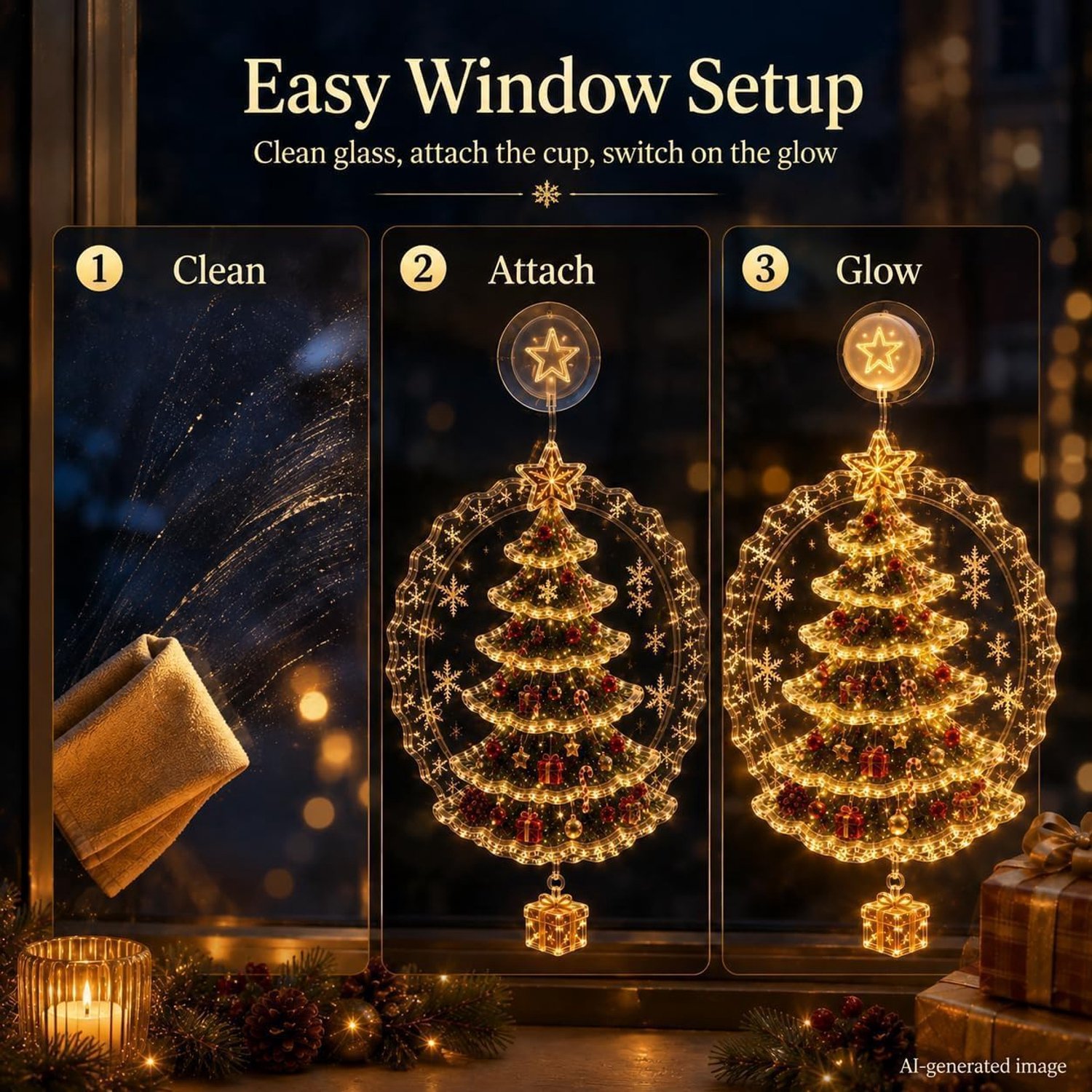 5×3D-kerstraamverlichting - Kerstversiering - Led - Kerstornamenten - Kerstthema - Ontwerp met zuignap - Geschikt voor kerstdiners, familiebijeenkomsten en feestjes tijdens de feestdagen - Feestelijke sfeer - Creatieve hangende versieringen – foto 3