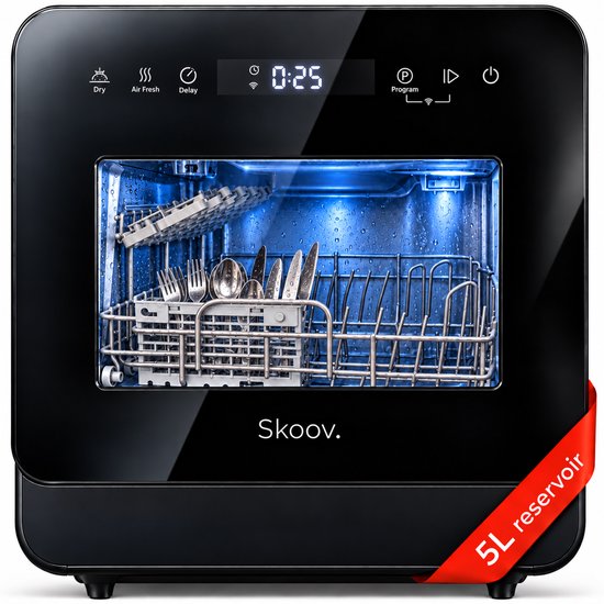 Skoov Vrijstaande mini vaatwasser met waterreservoir - Afwasmachine vrijstaand - Dishwasher - Vaatwas - Met bestekmand - Kleine vaatwasmachine - Smalle - Tafel - Camping - Zwart - Compact - 5 Couverts - 7 wasprogramma’s