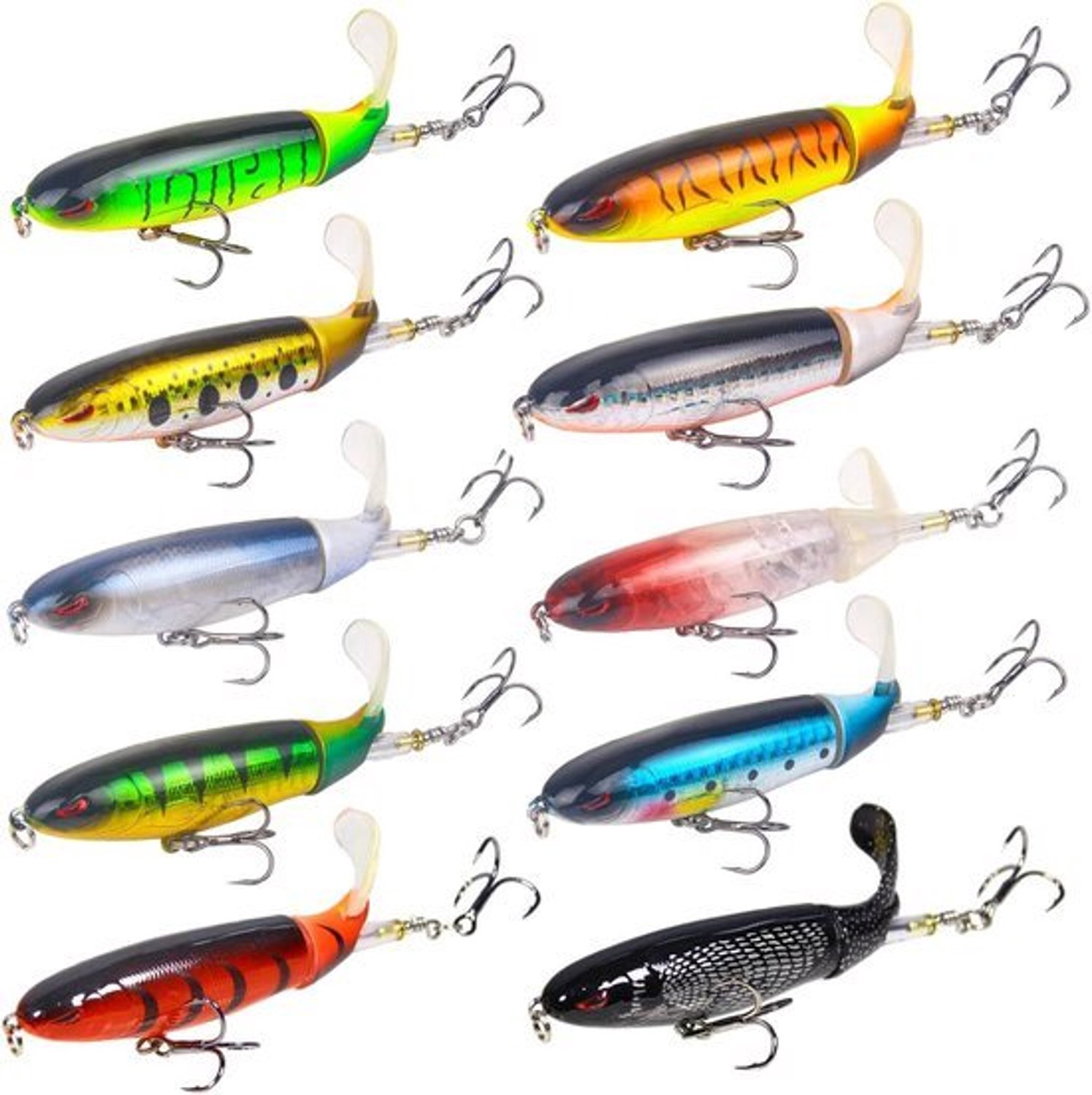 10-delige set topwater-kunstaas: propbaits met roterende staart en 3D-ogen, scherpe dreggen en drijvende harde swimbaits voor baars, snoek en forel in zoet- en zoutwater (diverse kleuren)