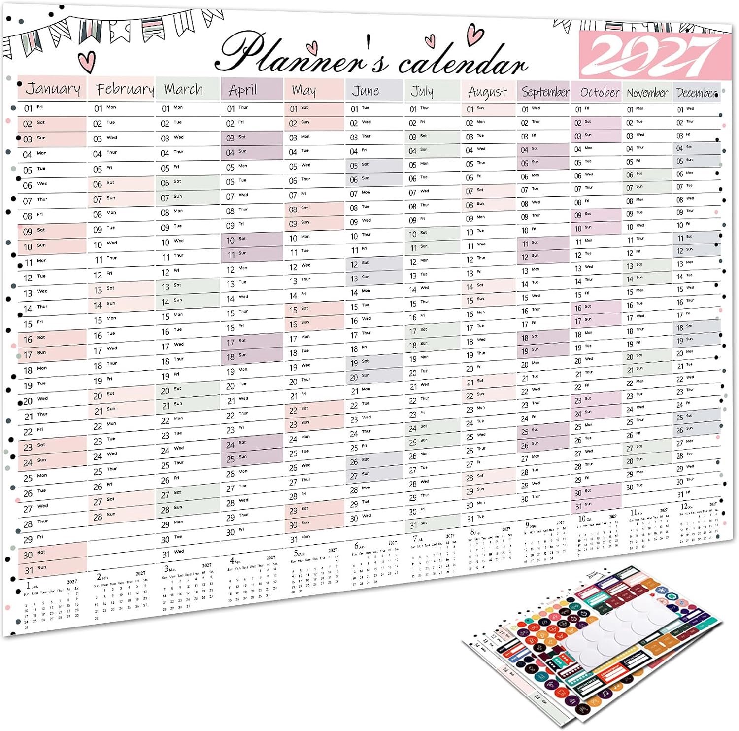 Wandkalender 2027, 74,2 x 52,5 cm, jaarplanner 2027 met stickers, poster, opvouwbare kalender in Morandi-kleuren, ideaal voor thuis, kantoor en school, complete jaarplanner