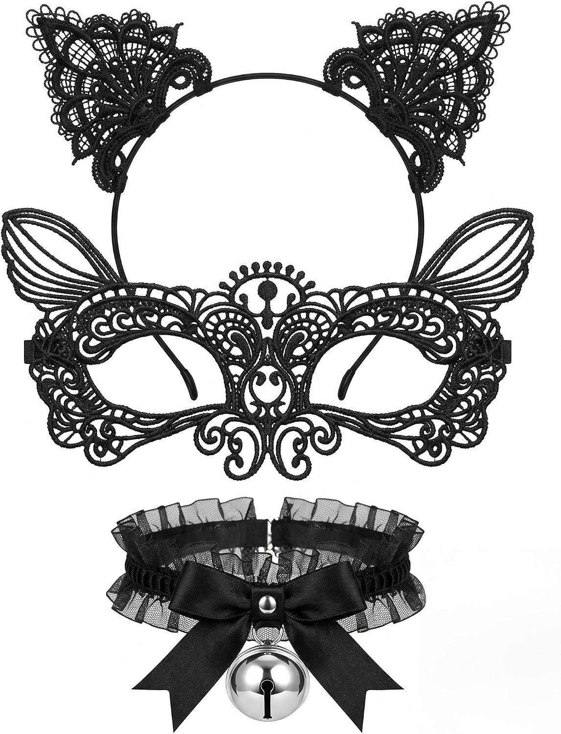 3-delige set, zwarte haarband, oogmasker en belkraag, verstelbare kostuumaccessoires voor dames, ideaal voor Halloween, carnaval en evenementen