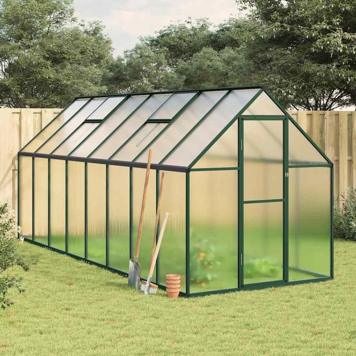445 x 169 x 195 cm, aluminium broeikas met funderingsframe voor tuin, stabiel kweekhuis met polycarbonaat platen voor planten