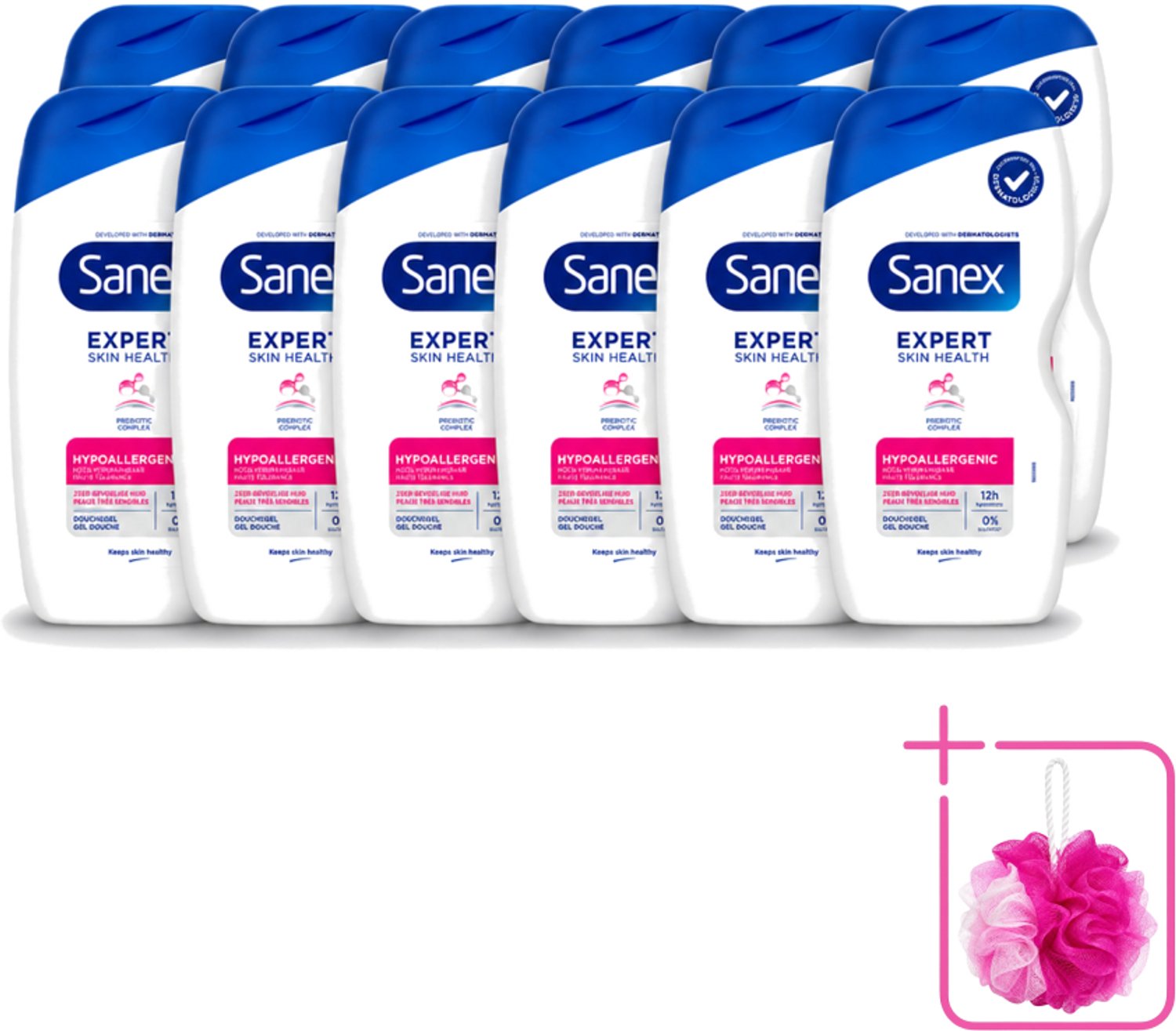 12 x Sanex – Douchegel – Expert Skin Health Hypoallergeen – 400 ml - Bulkverpakking - Gevoelige huid - Douchemop - Hypoallergenisch
