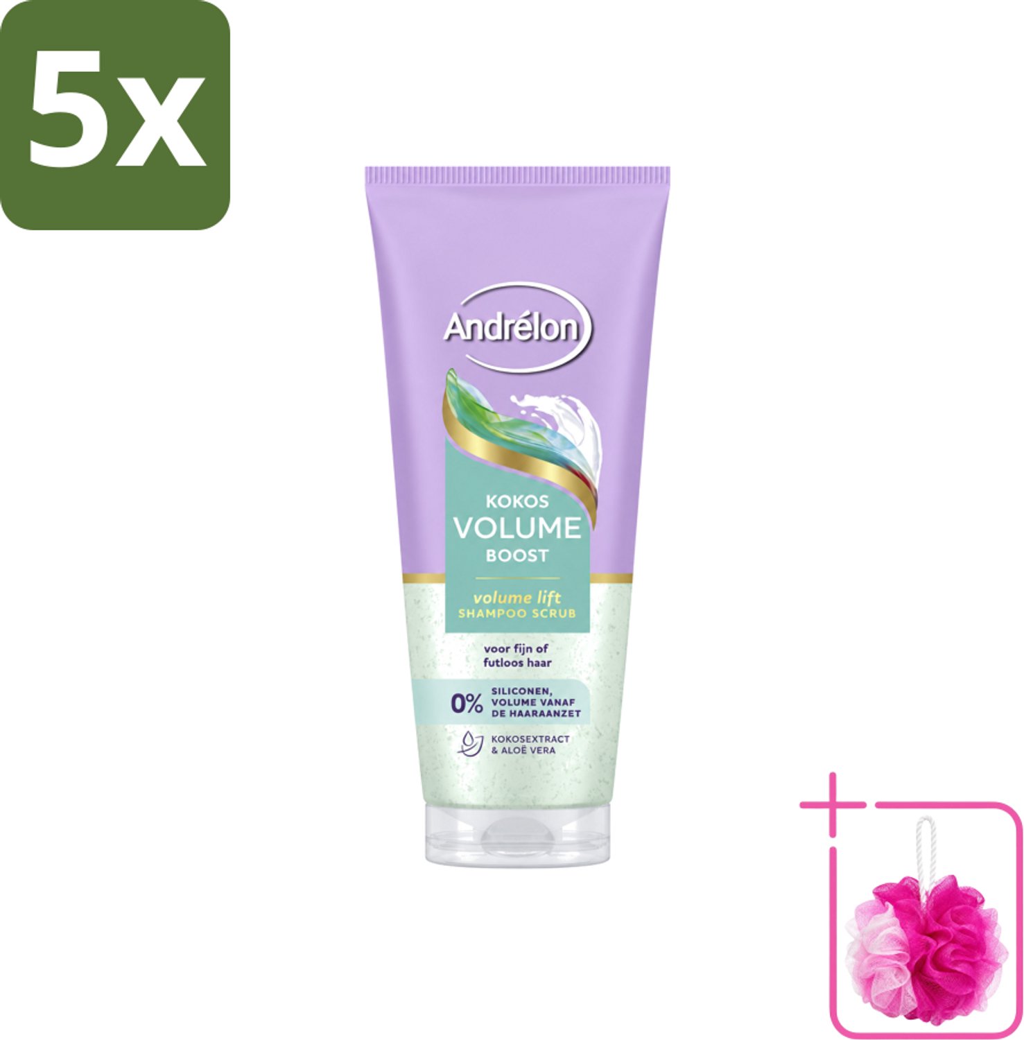 5 x Andrélon – Shampoo Scrub – Kokos Volume Boost – 200 ml - Bulkverpakking - Haarkleur - Douchemop - Haartype
