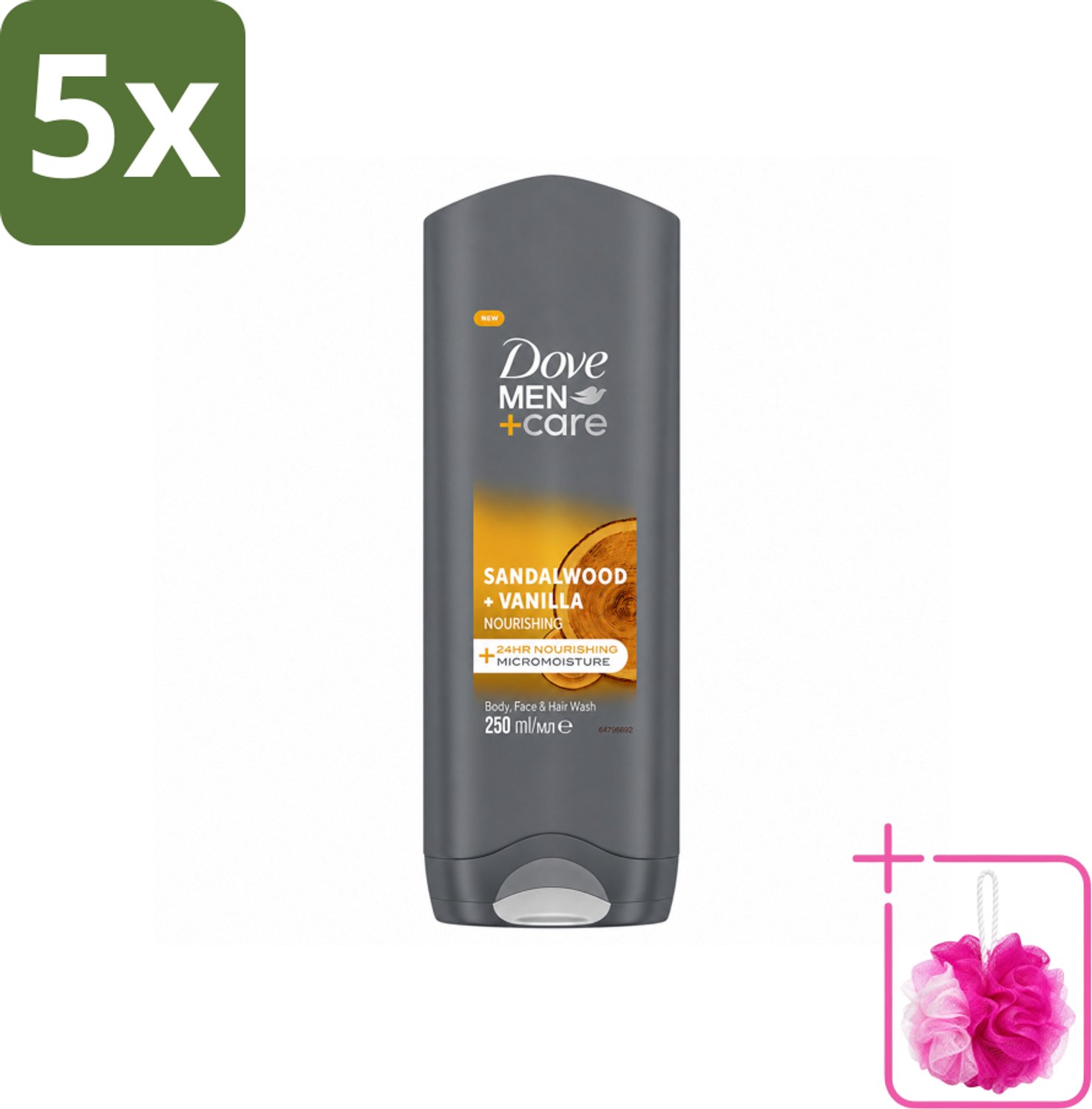 5 x Dove – Douchegel – Men+Care Sandalwood & Vanilla – 250 ml - Bulkverpakking - Douchegel voor mannen - Douchemop - Huidverzorging