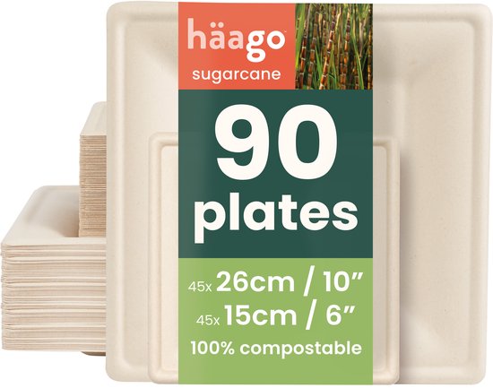 Pile d'assiettes carrées beiges en canne à sucre Haago, 90 pièces en tailles 26cm et 15cm, 100% compostables.