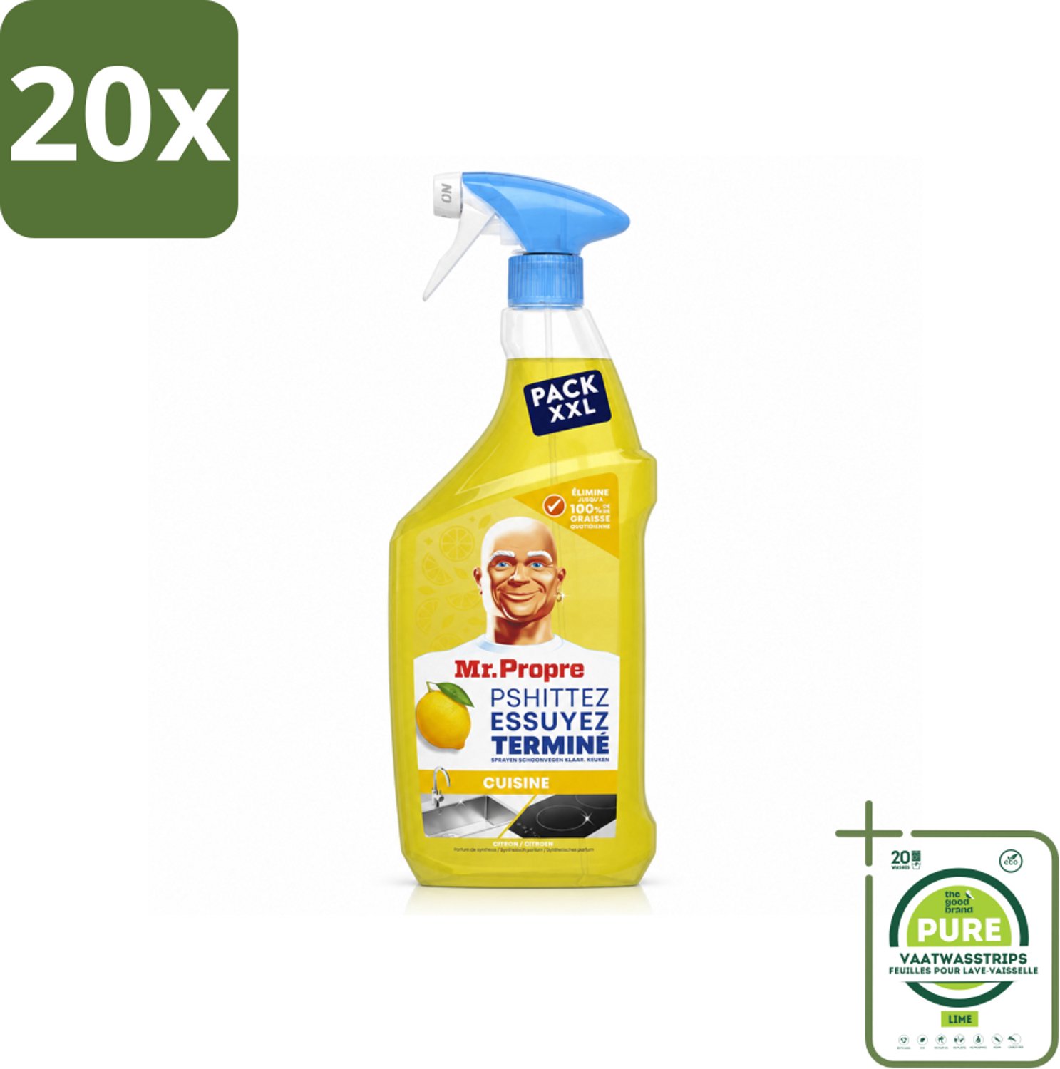20 x Mr. Propre – Flash Reinheid Spray – Ontvetter & Allesreiniger – Lemon – 800 ml - Grootverpakking - Vaatwasstrips - Ontvetter - Allesreiniger - Citroen - Schone Glans - Streeploos