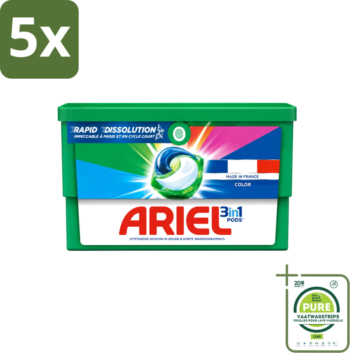 5 x Ariel Color - Wasmiddelcapsules - 3in1 Pods - Gekleurde Was - 19 Wasbeurten - Grootverpakking - Vaatwasstrips - Wasmiddelcapsules - Gekleurde Was - 3 In 1 - Wasbeurten - Vlekverwijdering