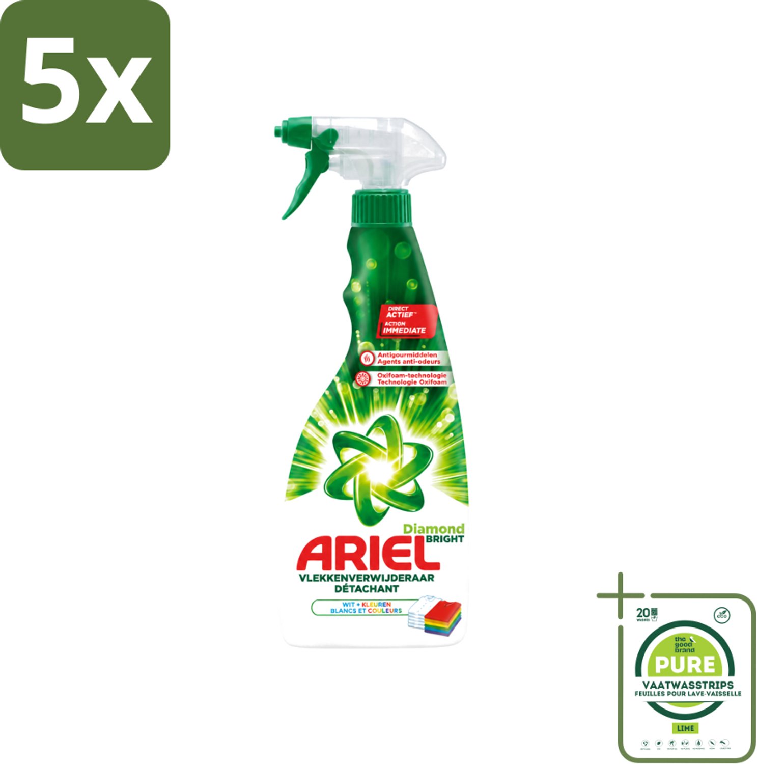 5 x Ariel Diamond Bright - Vloeibare Vlekverwijderaar - Witte en Gekleurde Was - 30 Wasbeurten - Grootverpakking - Vaatwasstrips - Vlekverwijderaar - Wasbeurt - Witte Was - Gekleurde Was - Koud Water