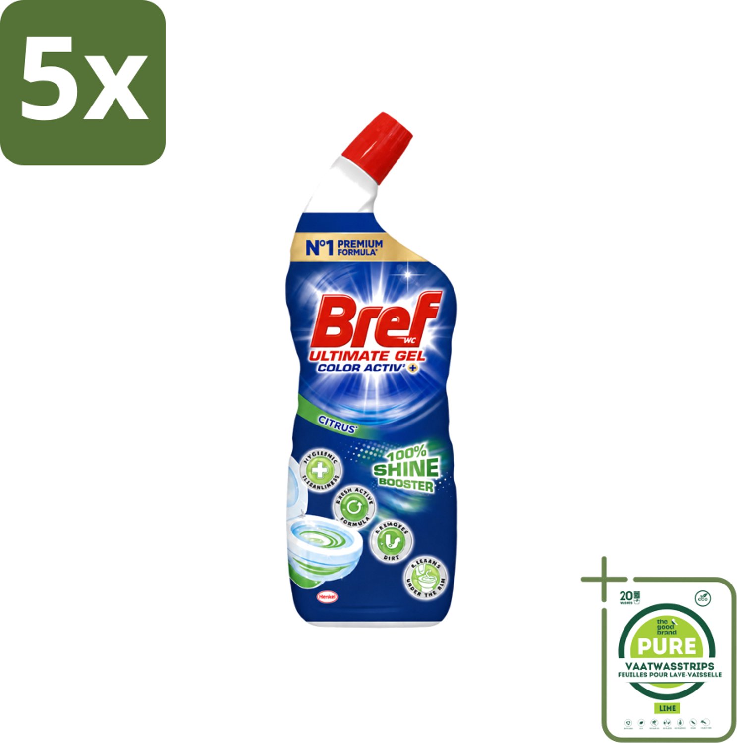 5 x Bref WC - Ultimate Gel Color Activ+ - Toiletreiniger - Citrus - 700 ml - Grootverpakking - Vaatwasstrips - Hygiëne Toilet - Toilet Reinigen - Toilet Reinigingsgel - Toilet Reinigingsproduct - Toilet Kalk Bestrijden