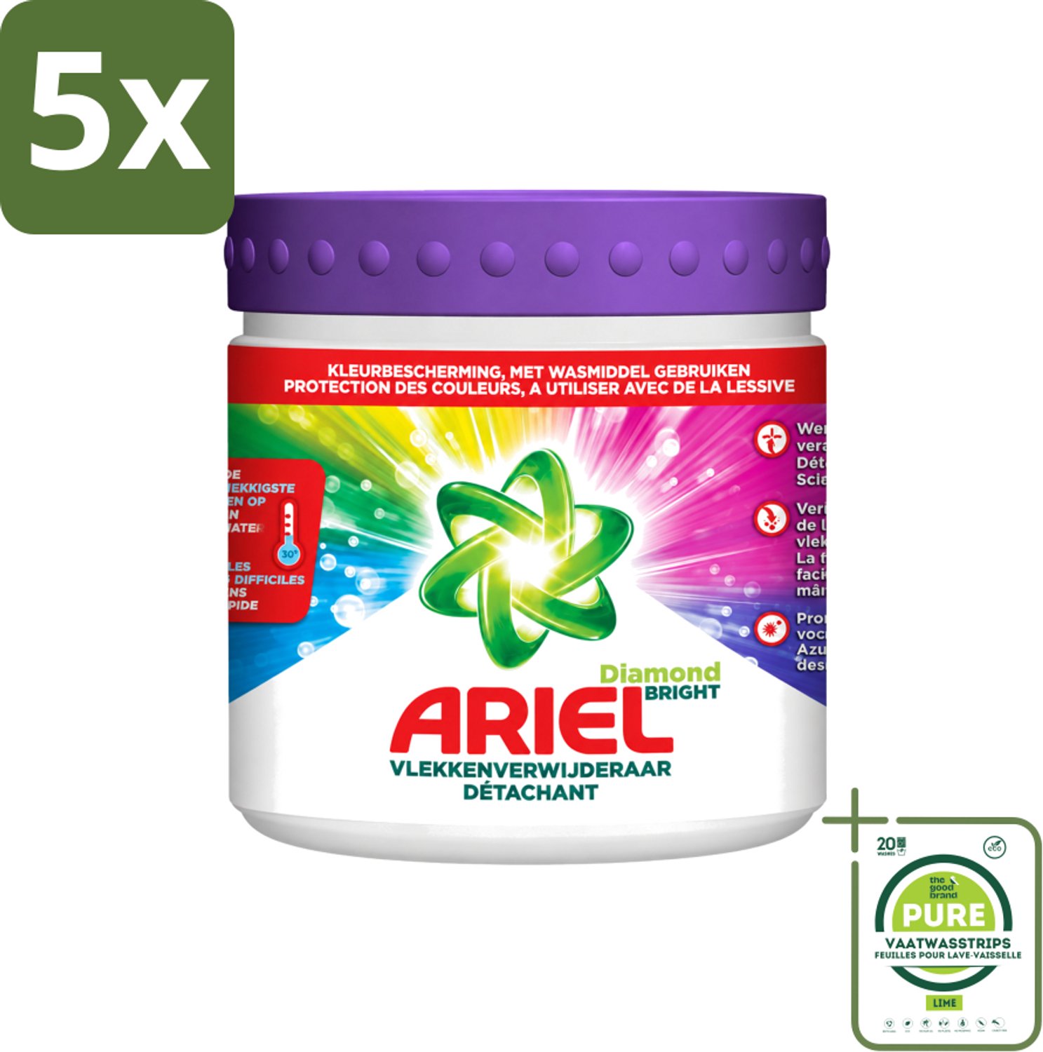 5 x Ariel Diamond Bright - Vlekverwijderaar Poeder - Gekleurde Was - 30 Wasbeurten - Grootverpakking - Vaatwasstrips - Kleurbehandeling - Vlekverwijderaar - Wasmiddel - Vlekken - Wasbeurten