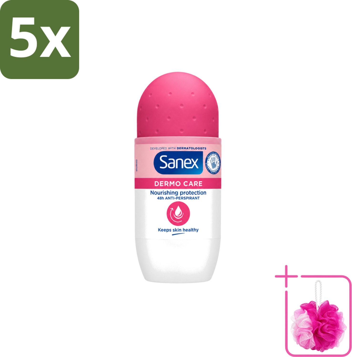 5 x Sanex – Deodorant Roller – Dermo Care 48H Antiperspirant - 50 ml - Bulkverpakking - Antiperspirant 48h - Douchemop - Roll-on antiperspirant