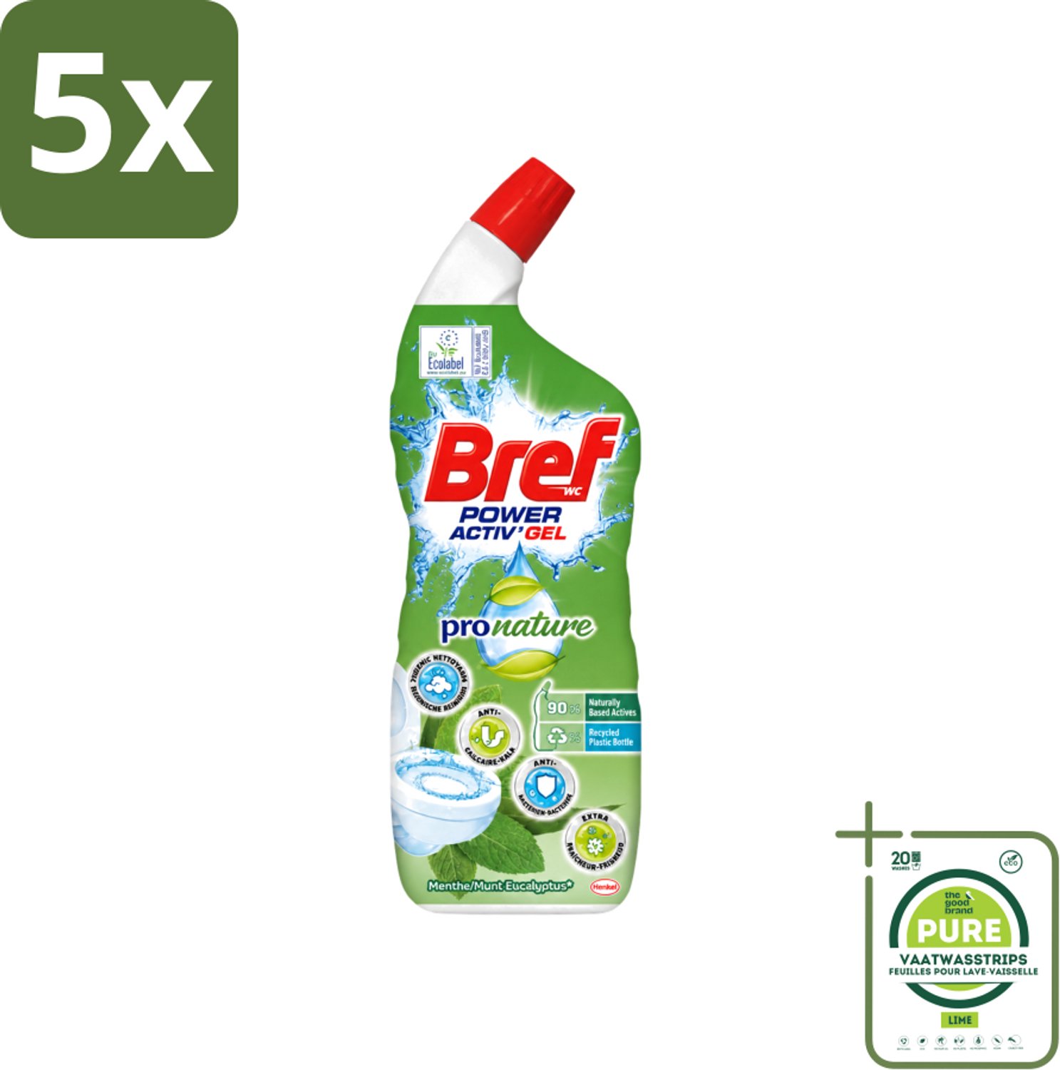 5 x Bref WC - Power Activ+ - Toiletreiniger - Gel - Eucalyptus - 700 ml - Grootverpakking - Vaatwasstrips - Toiletreiniging - Eucalyptus - Natuurlijke Reiniging - Duurzame Toiletreiniger - Milieuvriendelijk