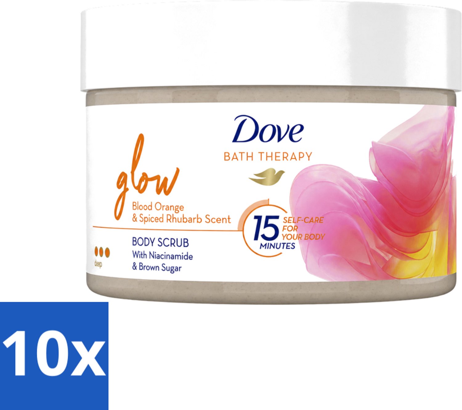 10 x Dove Bath Therapy Glow - Bodyscrub - Bloedsinaasappel & Rabarber - 295 ml - Voordeelverpakking - 10 stuks