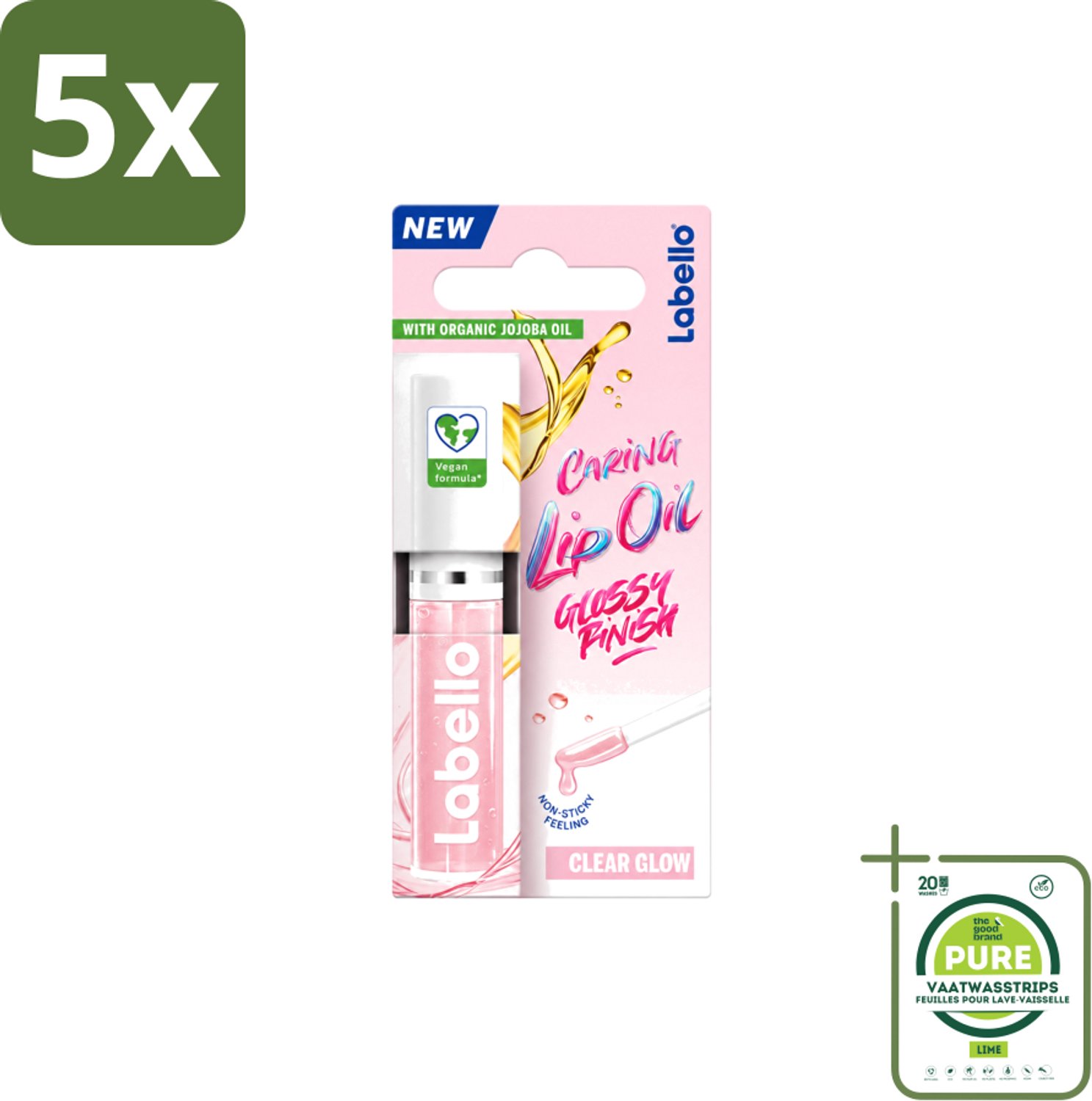 5 x Labello –Caring Lip Oil – Clear Glow – 5,5 ml - Grootverpakking - Vaatwasstrips - Lippenbalsem - Lipolie - Glans - Verzorging - Hydraatatie