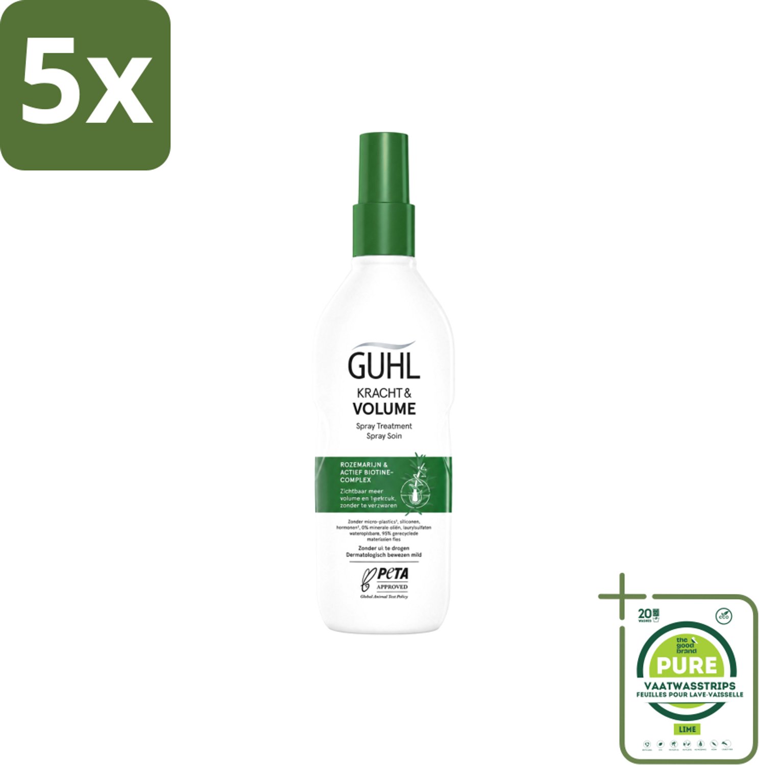 5 x Guhl – Spray Treatment – Kracht & Volume – 150 ml - Grootverpakking - Vaatwasstrips - Haarversterking - Volumeboost - Krachtige Haarverzorging - Dun Haar - Haaruitval
