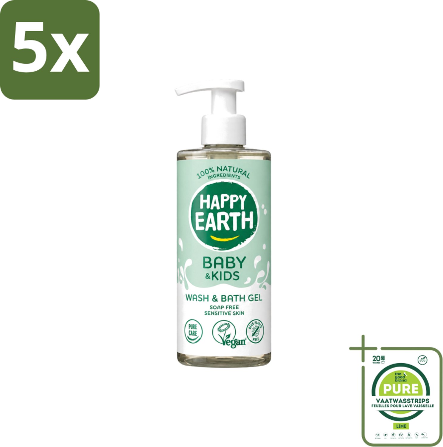 5 x Happy Earth – Was & Badgel – Zeepvrij Baby & Kids – 300 ml - Grootverpakking - Vaatwasstrips - Wasgel - Huidverzachter - Babywasgel - Natuurlijke Wasgel - Allergeenvrije Wasgel