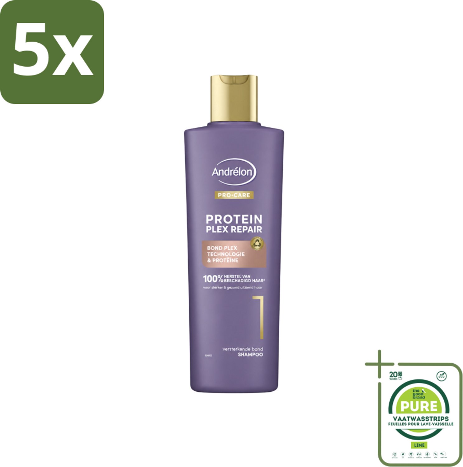5 x Andrélon – Shampoo – Pro Care Protein Plex Repair – 250 ml - Grootverpakking - Vaatwasstrips - Herstel Haar - Beschadigd Haar - Proteïne Shampoo - Haar Herstel - Haar Structuur