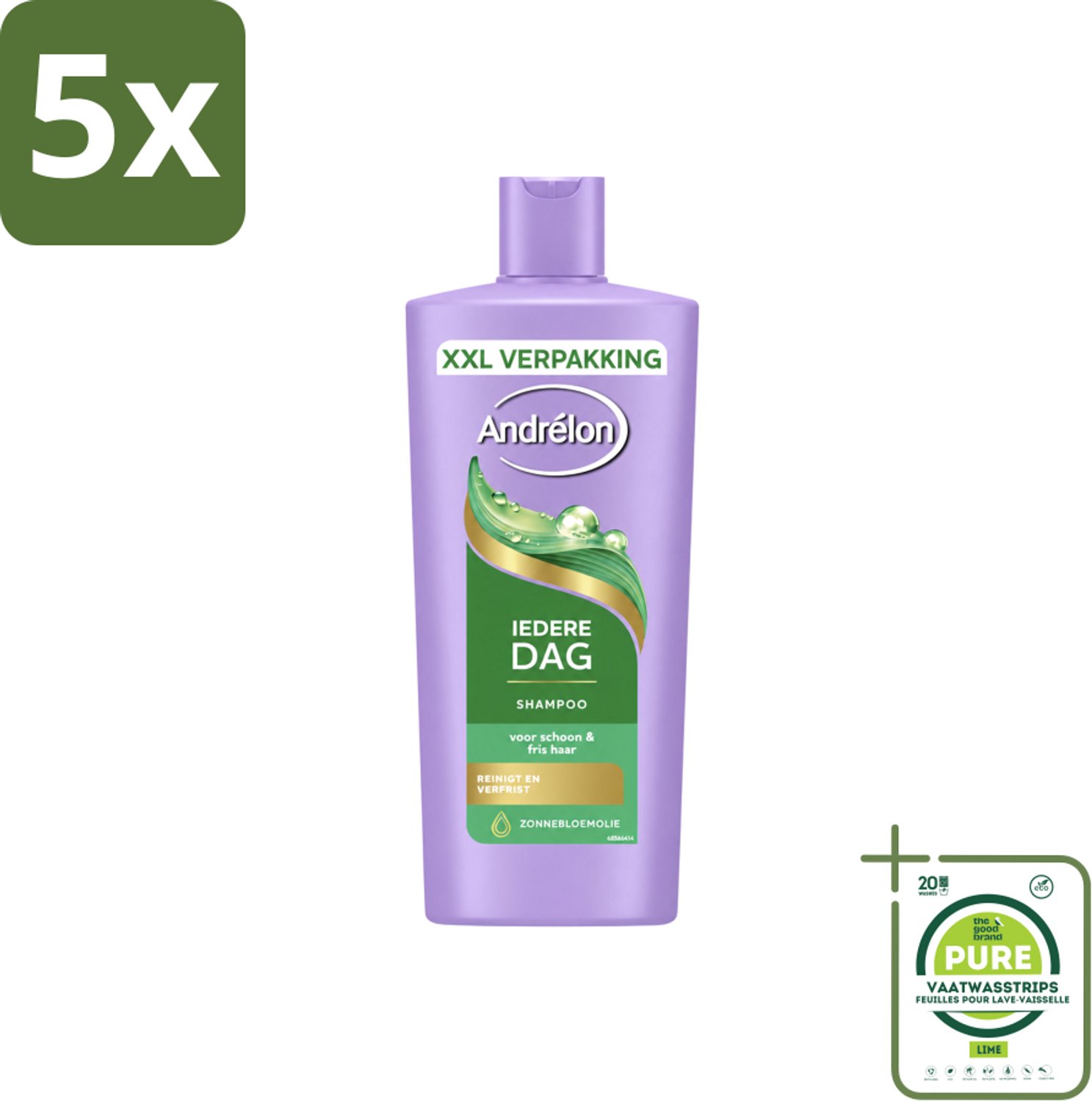 5 x Andrélon – Shampoo – Iedere Dag – 685 ml - Grootverpakking - Vaatwasstrips - Dagelijks Haarwassen - Zachte Shampoo - Frisse Haarreiniging - Zonnebloemolie - Haarverzorging