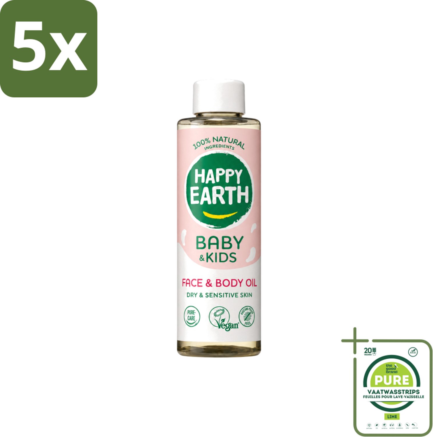 5 x Happy Earth – Face & Body Oil – 100% Natuurlijk Baby & Kids – 150 ml - Grootverpakking - Vaatwasstrips - Babyolie - Gezichtsolie - Lichaamsoil - Natuurlijke Huidverzorging - Babymassageolie