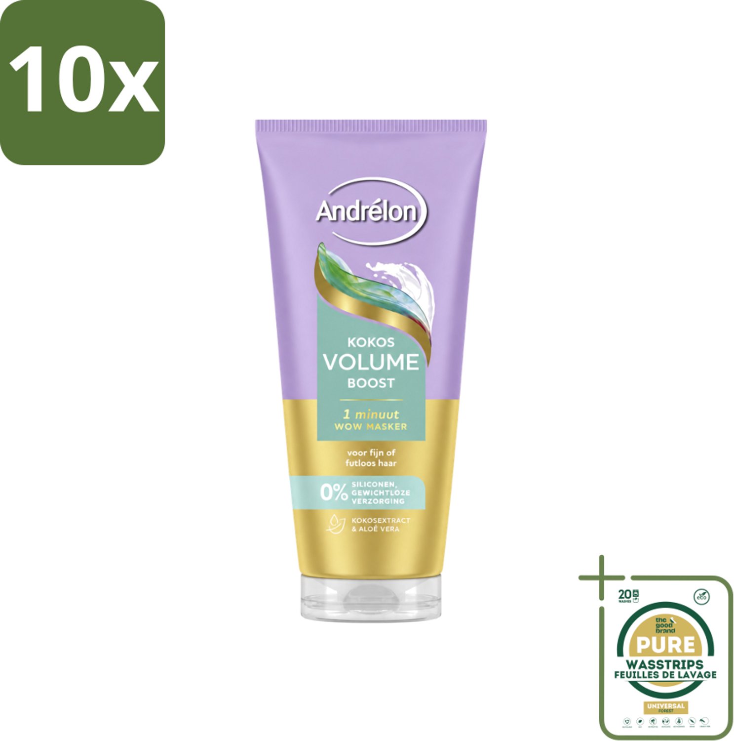 10 x Andrélon – Haarmasker WOW – Kokos Volume Boost – 180 ml - Wasstrips - Haarmasker - Volume - Fijn Haar - Futloos Haar - Luchtig Haar