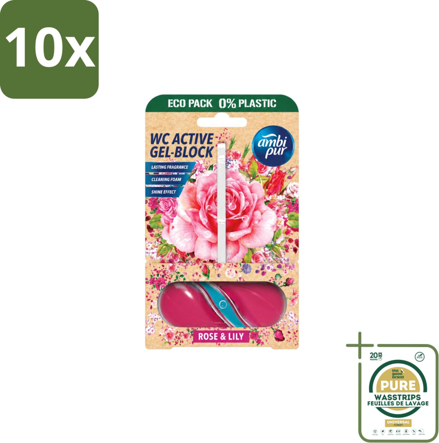 10 x Ambi Pur – Toiletblok – Roos & Lelie – 45 g - Wasstrips - Toiletblok Roos En Lelie - Frisse Geur Toilet - Reinigingsblok Toilet - Kalkaanslag Voorkomen - Schuimend Toilet
