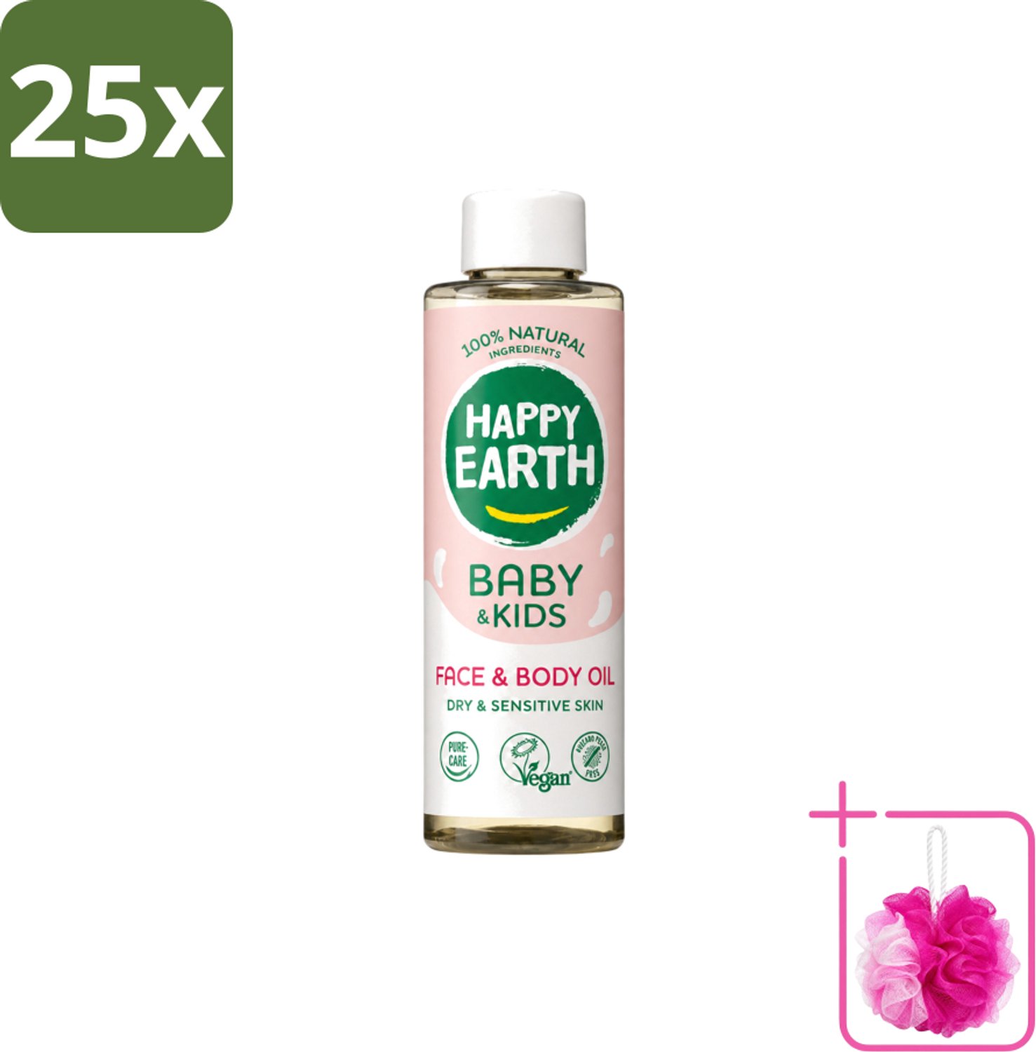 25 x Happy Earth – Face & Body Oil – 100% Natuurlijk Baby & Kids – 150 ml - Bulkverpakking - Babyolie - Douchemop - Gezichtsolie