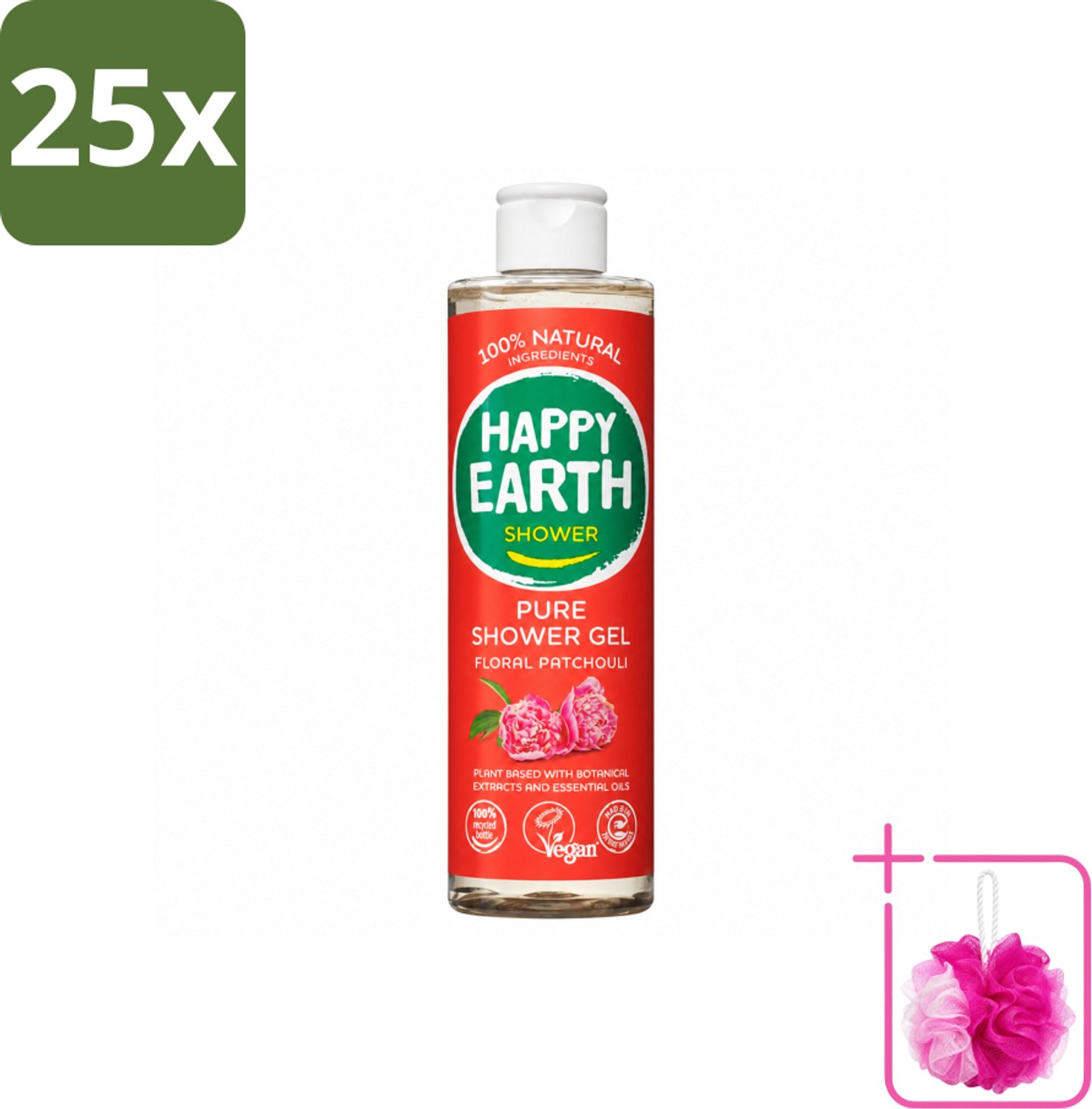 25 x Happy Earth – Douchegel – 100% Natuurlijk Floral Patchouli – 300 ml - Bulkverpakking - Douchegel - Douchemop - Natuurlijke douchegel
