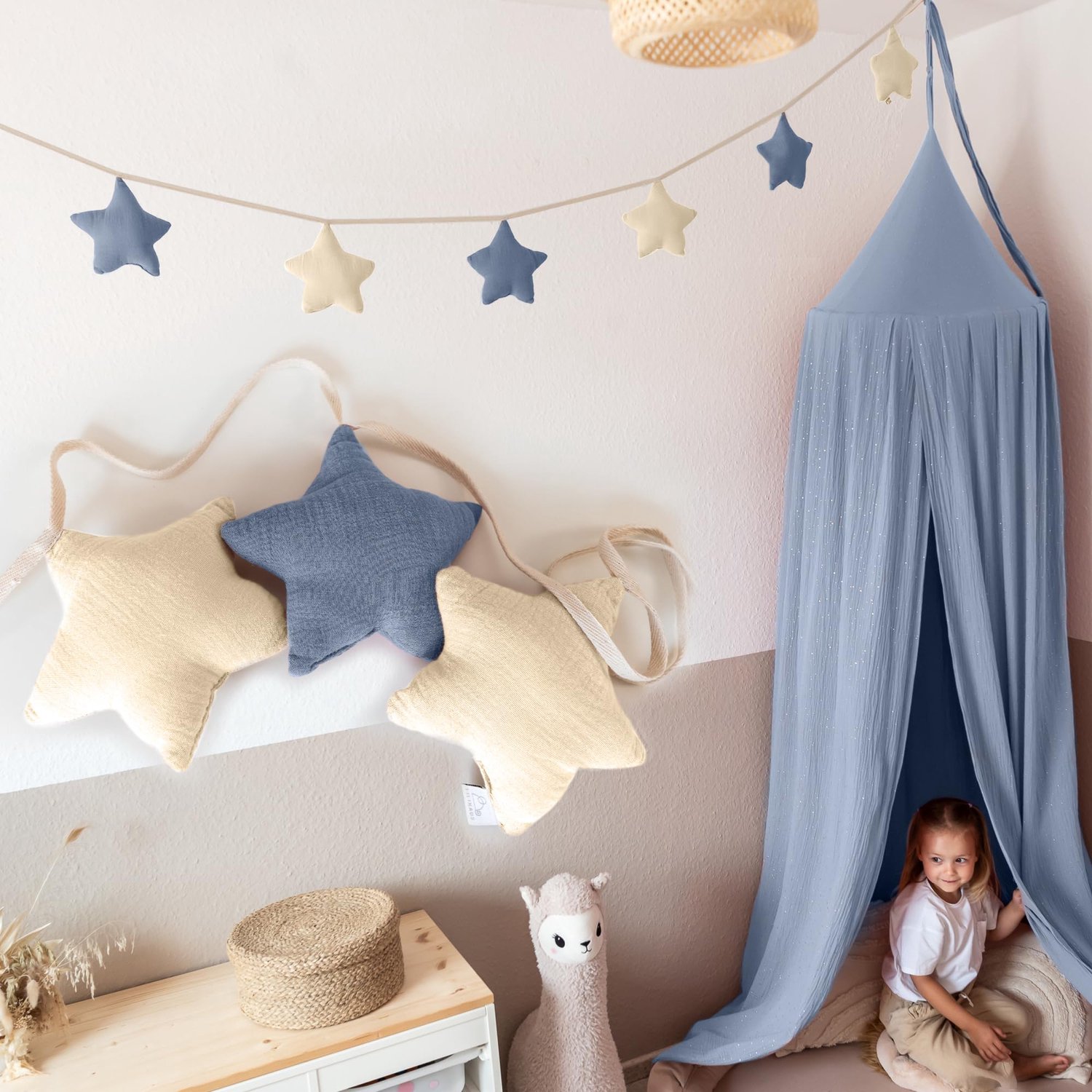 LILIMAUS Sterren slinger kinderkamer - stoffen slinger van mousseline katoen - 300 cm - blauw en crème