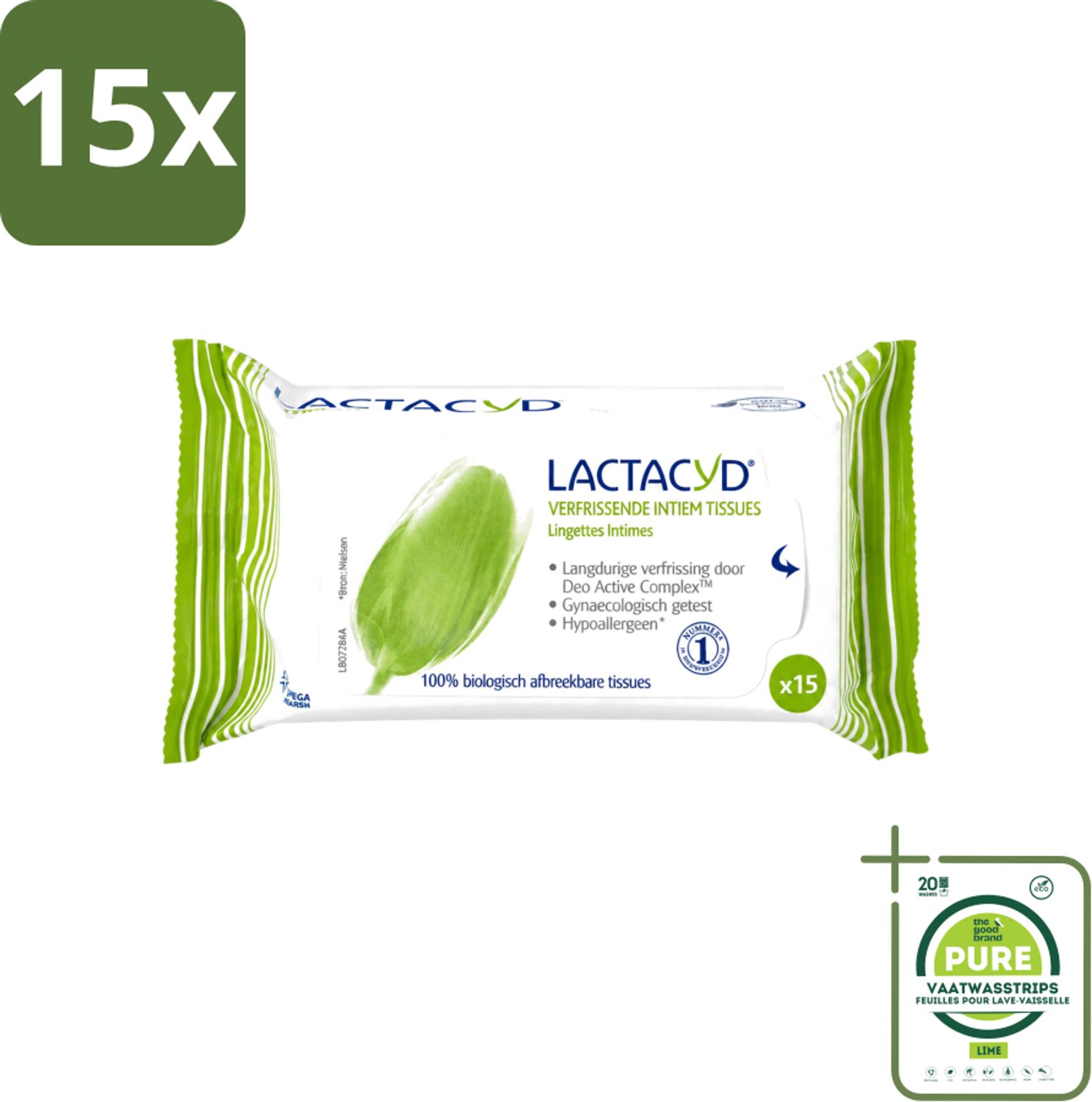 15 x Lactacyd - Intieme Doekjes - Verfrissend - Zeepvrij - Biologisch Afbreekbaar - 15 Doekjes - Grootverpakking - Vaatwasstrips - Intieme Doekjes - Verfrissend - Biologisch Afbreekbaar - Melkzuur - Menthol