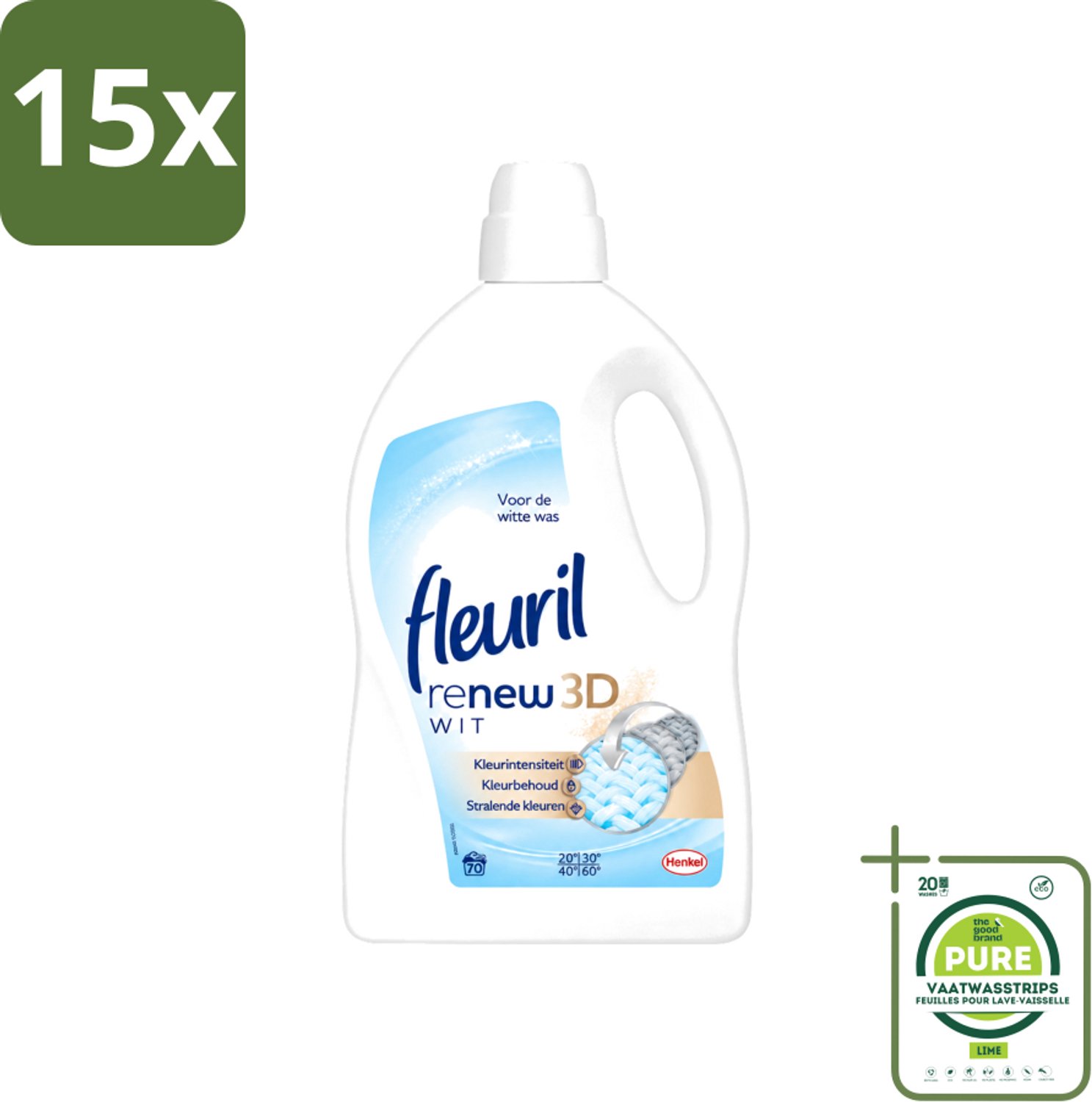 15 x Fleuril - Renew 3D - Vloeibaar Wasmiddel - Witte Was - 70 Wasbeurten - Grootverpakking - Vaatwasstrips - Wasmiddel Witte Was - Witte Was - Wasbeurt - Wasmiddel 3D - Kleurbehoud